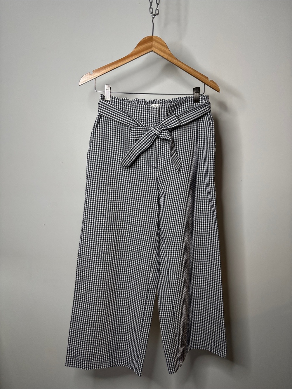 LOFT Black & White Gingham Wide-Leg Pants with Self Tie